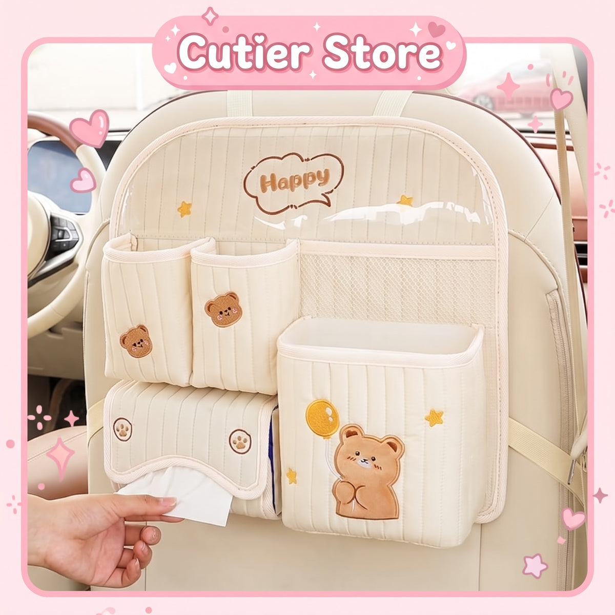 Kawaii Bear & Bunny Multifunctional Car Backseat Organizer & Tissue Holder
