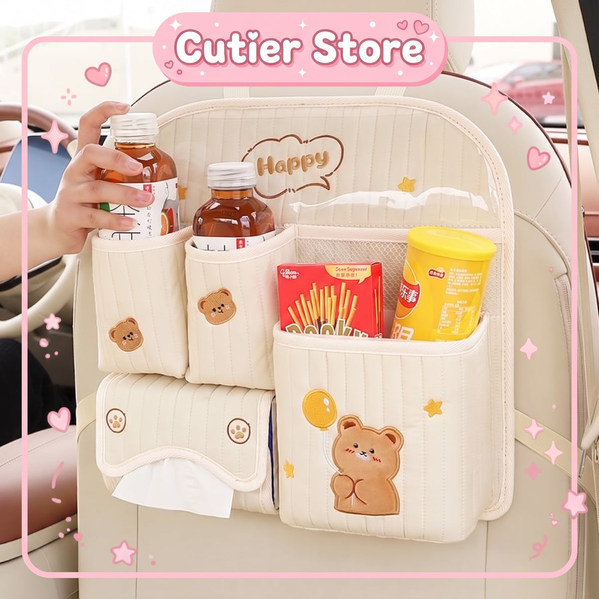 Kawaii Bear & Bunny Multifunctional Car Backseat Organizer & Tissue Holder