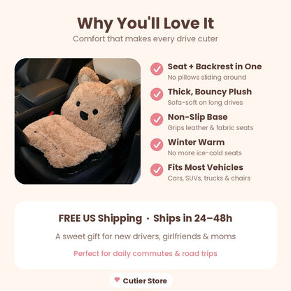 Plush Car Seat Cushion with Backrest – Cute Fluffy Bear Seat Cover, Non-Slip