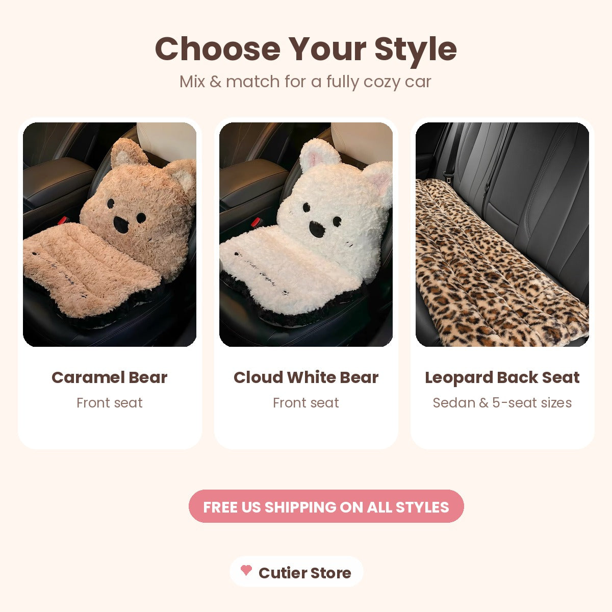 Plush Car Seat Cushion with Backrest – Cute Fluffy Bear Seat Cover, Non-Slip