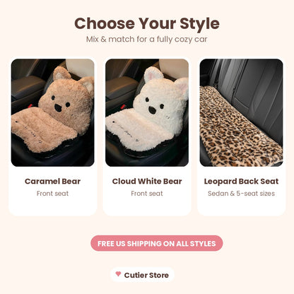 Plush Car Seat Cushion with Backrest – Cute Fluffy Bear Seat Cover, Non-Slip
