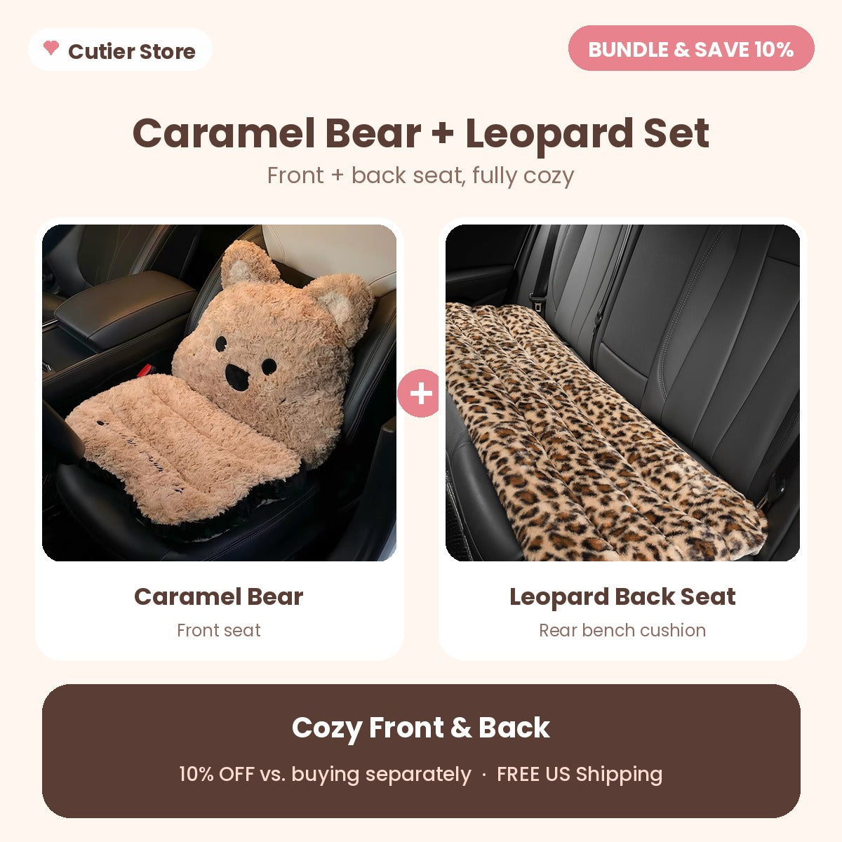 Plush Car Seat Cushion with Backrest – Cute Fluffy Bear Seat Cover, Non-Slip