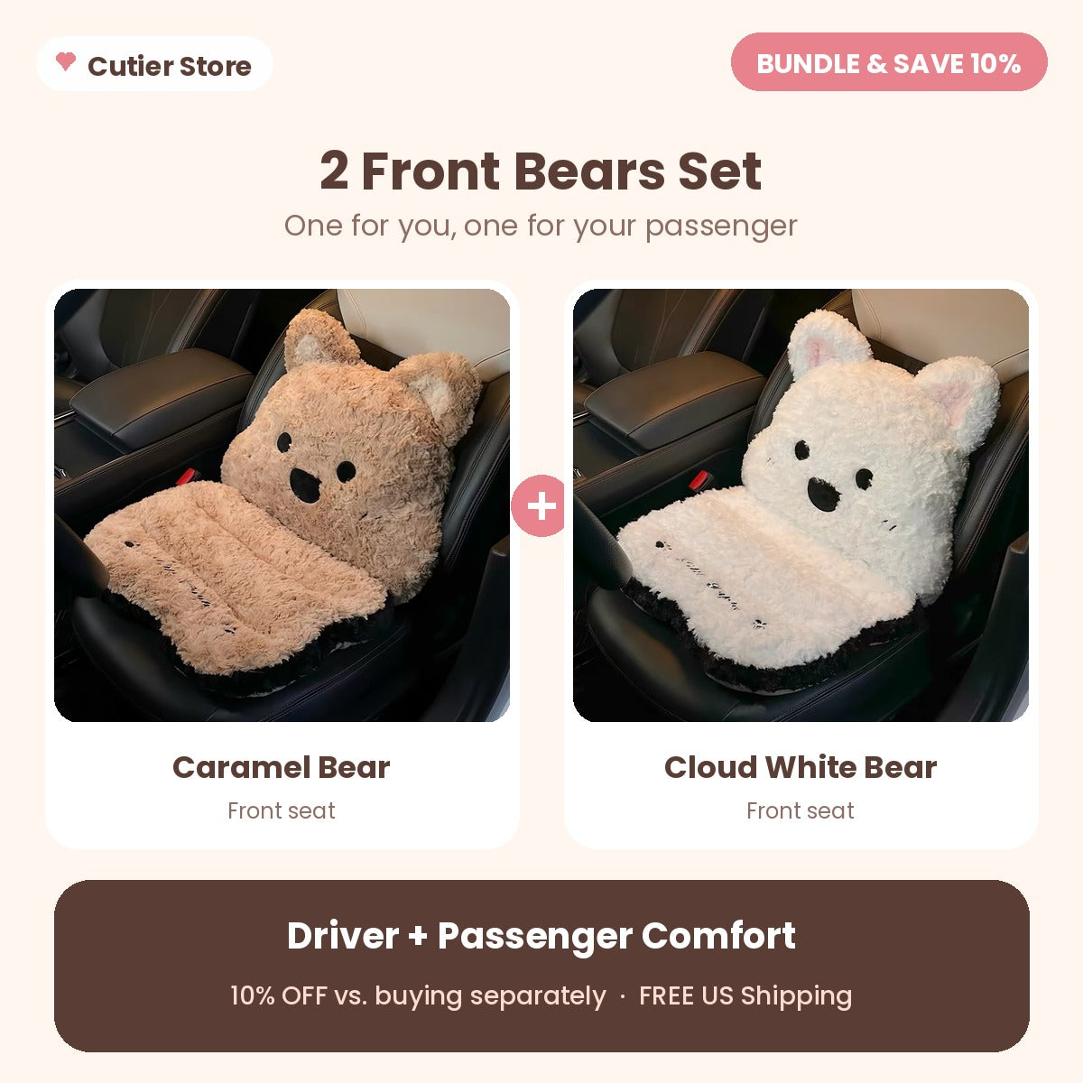 Plush Car Seat Cushion with Backrest – Cute Fluffy Bear Seat Cover, Non-Slip