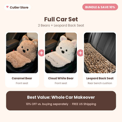Plush Car Seat Cushion with Backrest – Cute Fluffy Bear Seat Cover, Non-Slip