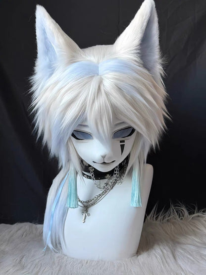 Handmade Kemono Kigurumi Cat Mask – Full Head Furry Cosplay Mask with Wig & Ears