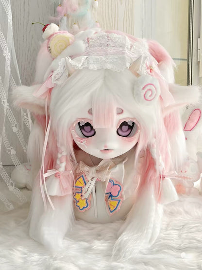 Handmade Kemono Kigurumi Cat Mask – Full Head Furry Cosplay Mask with Wig & Ears