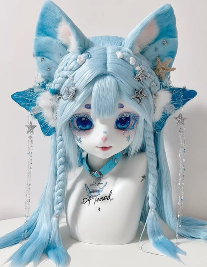 Handmade Kemono Kigurumi Cat Mask – Full Head Furry Cosplay Mask with Wig & Ears