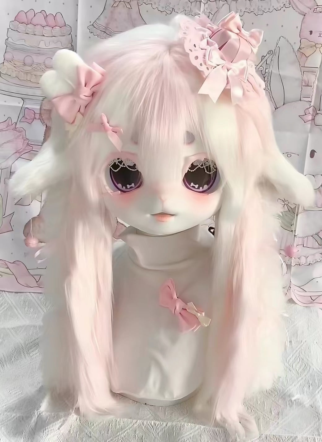 Handmade Kemono Kigurumi Cat Mask – Full Head Furry Cosplay Mask with Wig & Ears