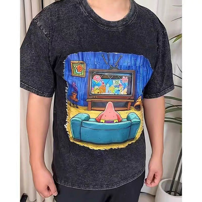 Person wearing the interactive phone pocket t-shirt with a cartoon character watching TV