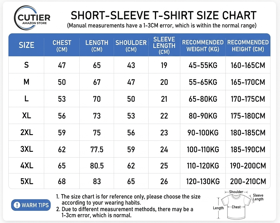 Short-sleeve Funny SpongeBob & Patrick Star T-Shirt size chart with measurements and weight recommendations.