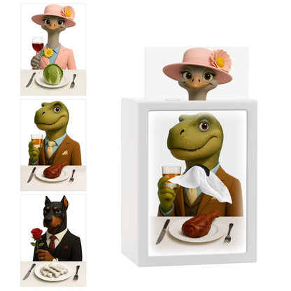 Animated characters at a dinner table with a white background