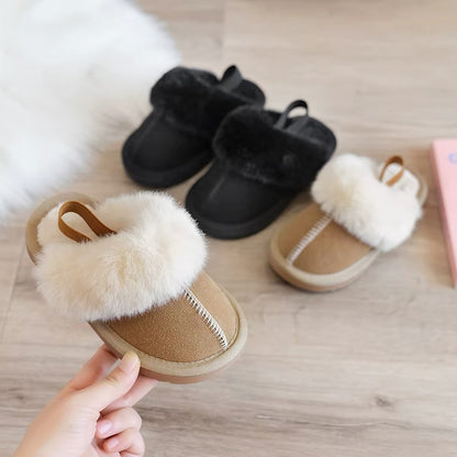 Fluffy Plush Kids Slippers – Warm Faux Fur Slip-On with Back Strap