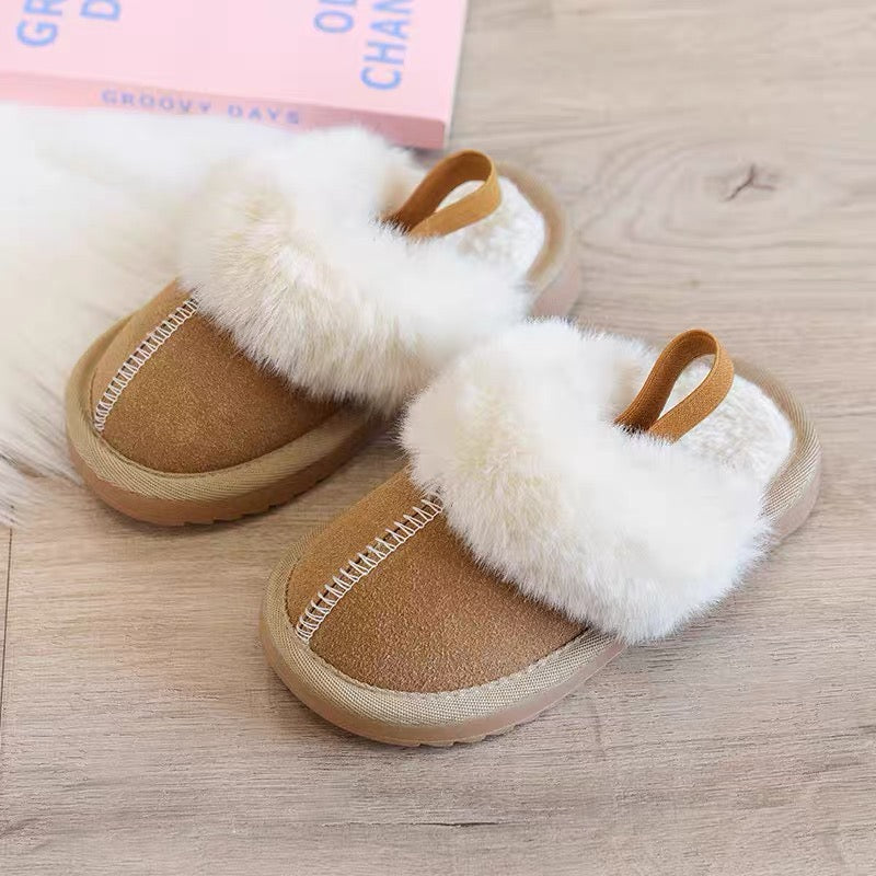 Fluffy Plush Kids Slippers – Warm Faux Fur Slip-On with Back Strap