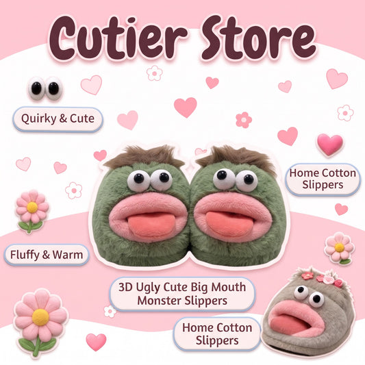 Big mouth fuzzy plush house slippers in green or blue monster style