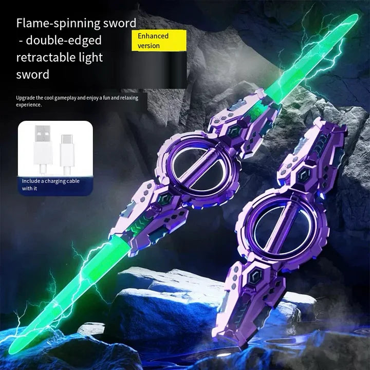 Flame-spinning sword with glowing green light on a dark background