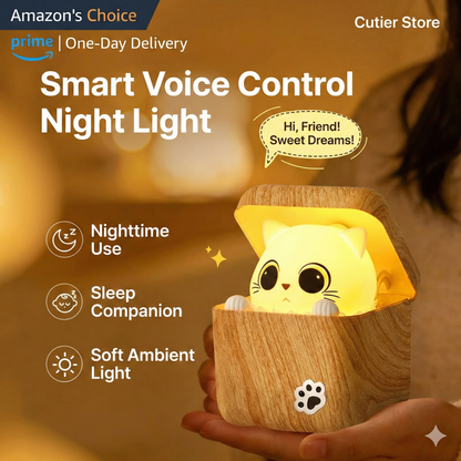 Smart Kitty Voice Control Night Light – Kawaii Cat LED Lamp with Sound Sensor for Bedroom & Kids Room