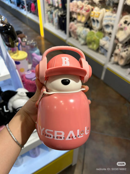 Cute Bear Water Bottle with Headphones – Kawaii Insulated Drink Bottle for School, Gym & Travel