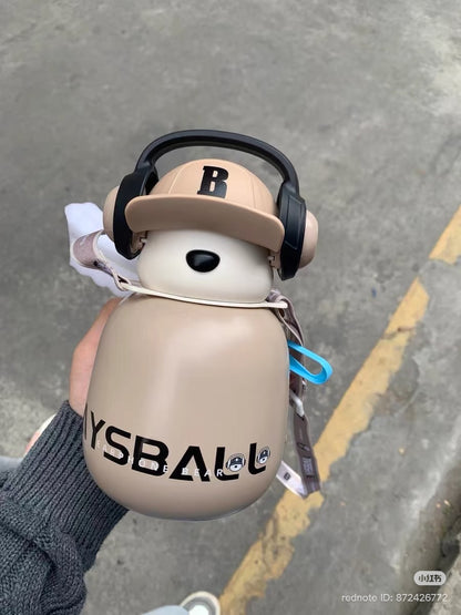 Cute Bear Water Bottle with Headphones – Kawaii Insulated Drink Bottle for School, Gym & Travel