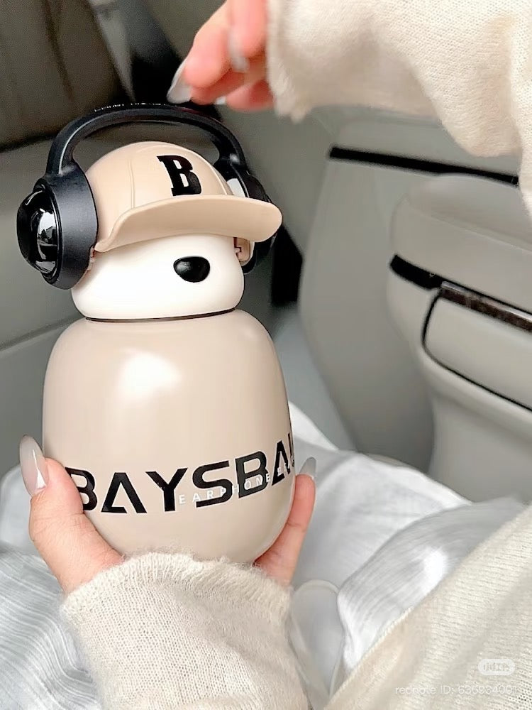 Cute Bear Water Bottle with Headphones - Kawaii Insulated Drink Bottle