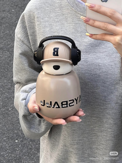 Cute Bear Water Bottle with Headphones – Kawaii Insulated Drink Bottle for School, Gym & Travel