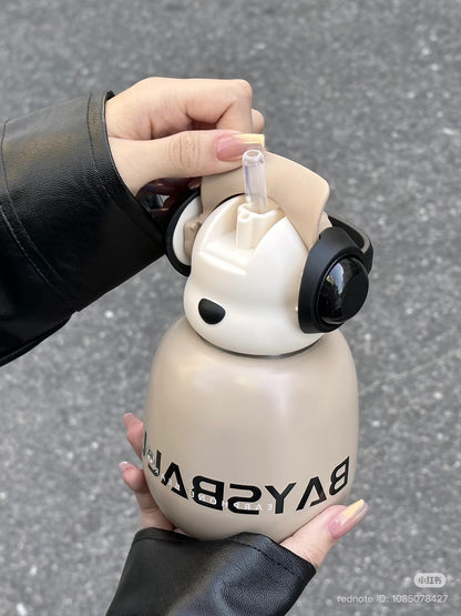 Cute Bear Water Bottle with Headphones – Kawaii Insulated Drink Bottle for School, Gym & Travel