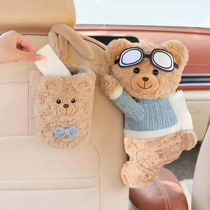 Cuddly bear car accessory that keeps tissues within easy reach