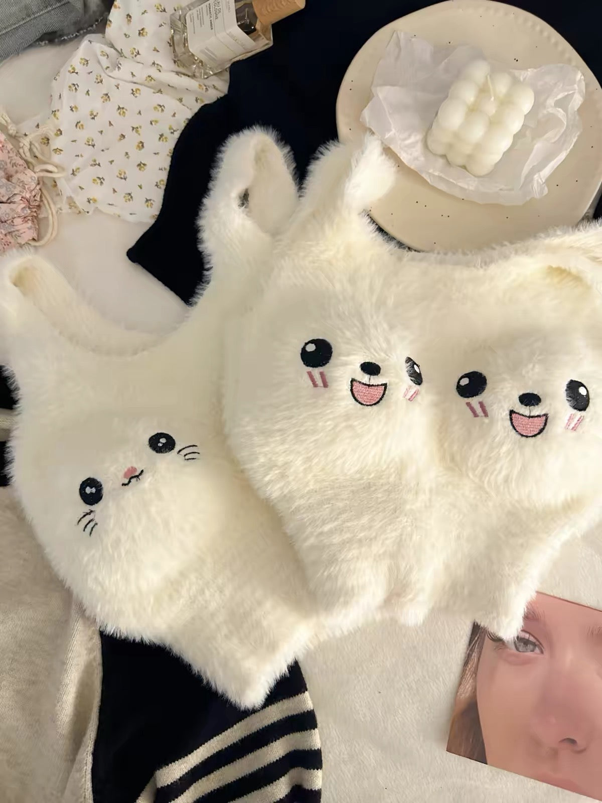 Fluffy Animal Face Crop Top – Cute Plush Cami with Ears