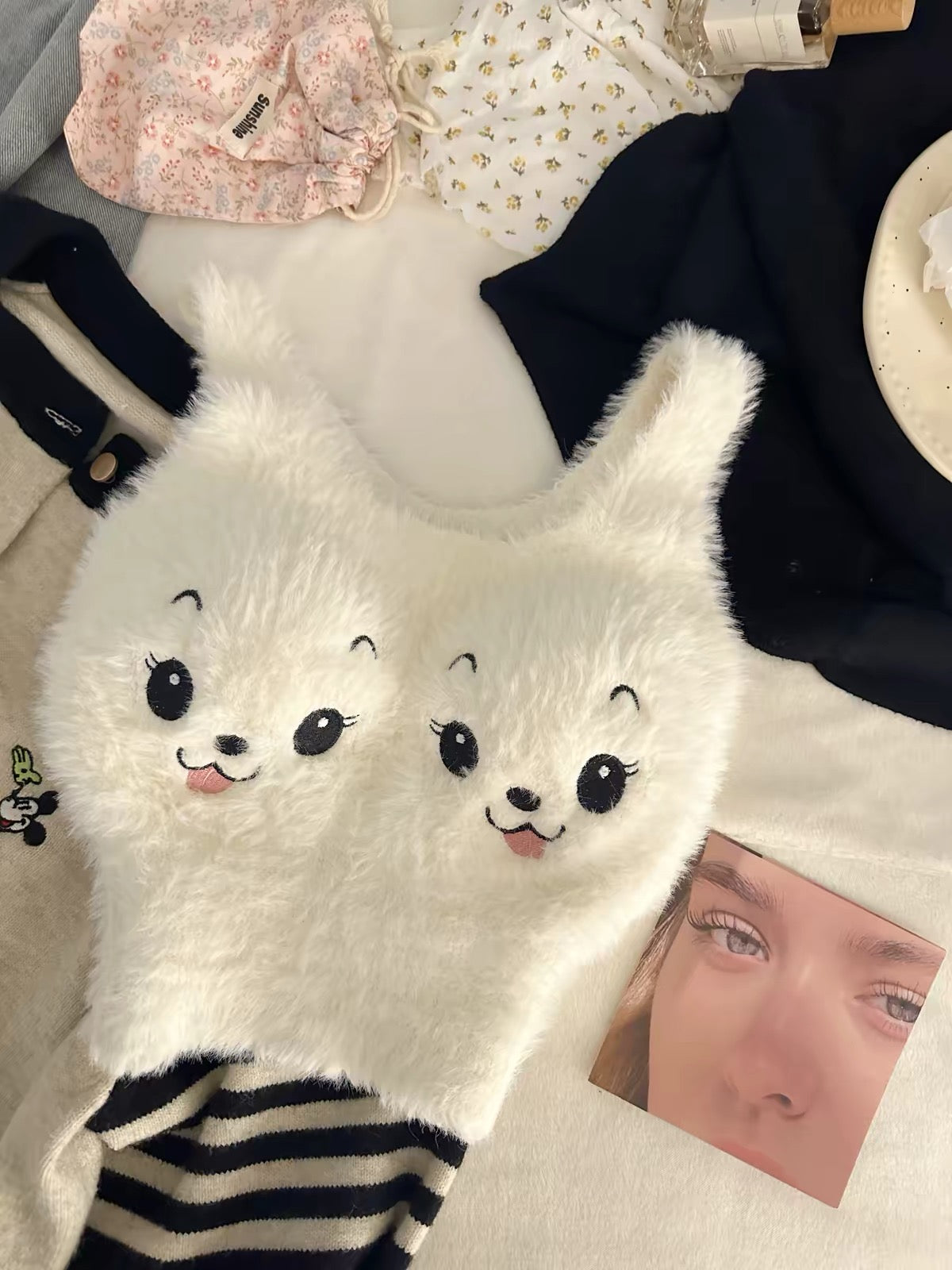 Fluffy Animal Face Crop Top – Cute Plush Cami with Ears