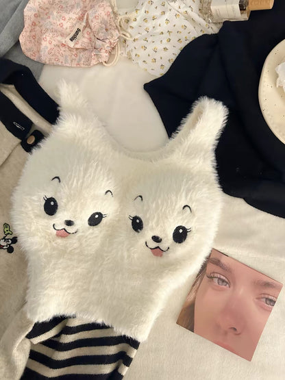 Fluffy Animal Face Crop Top – Cute Plush Cami with Ears