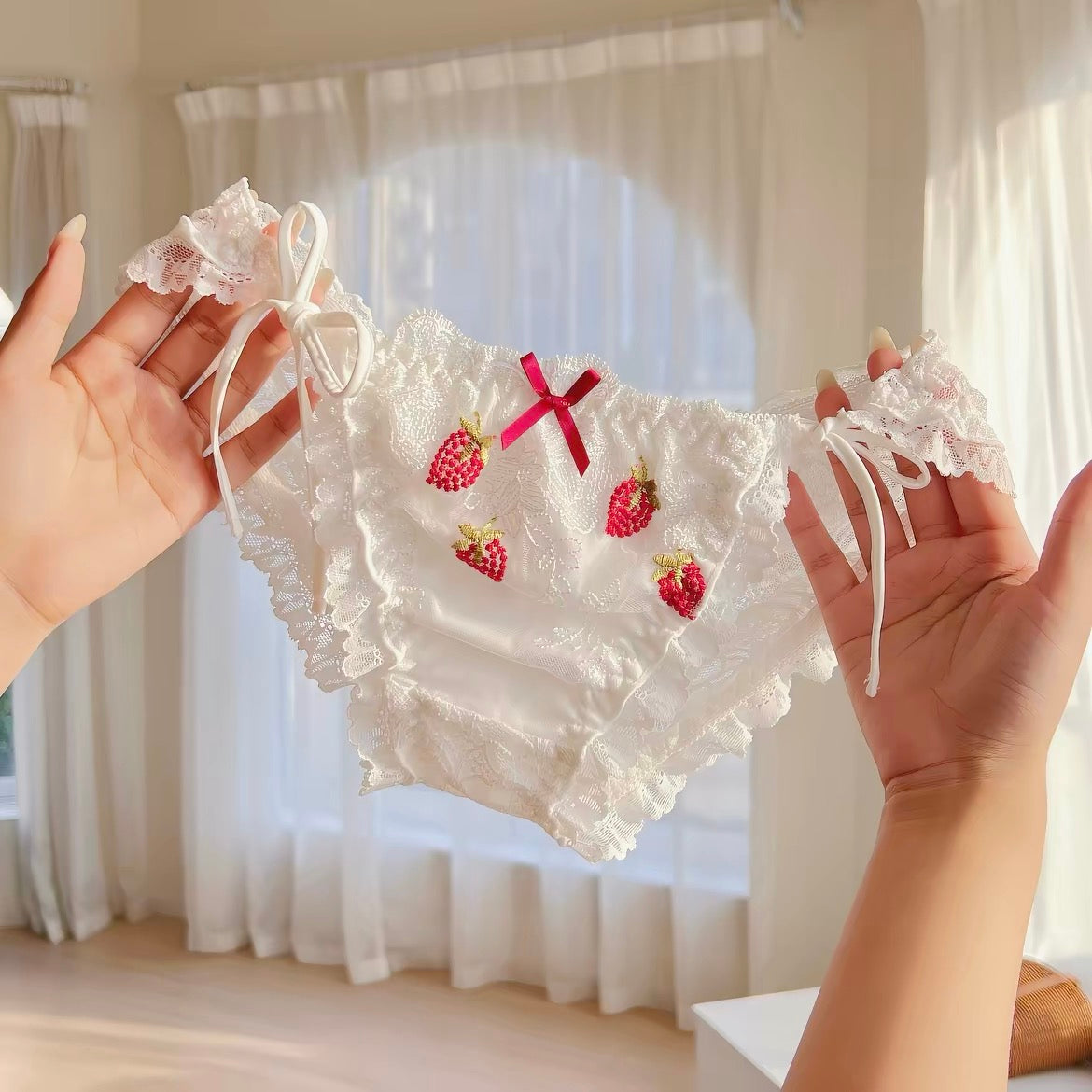 Strawberry Lace Panties – Embroidered Ruffle Briefs with Red Bow