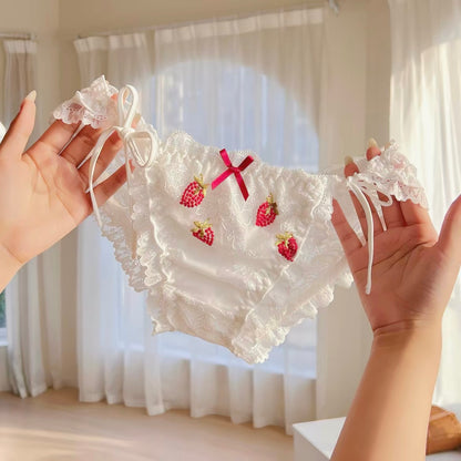 Strawberry Lace Panties – Embroidered Ruffle Briefs with Red Bow