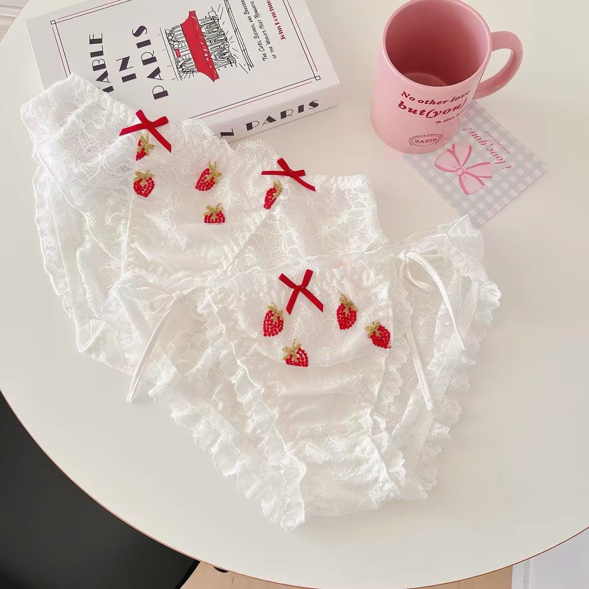 Strawberry Lace Panties – Embroidered Ruffle Briefs with Red Bow