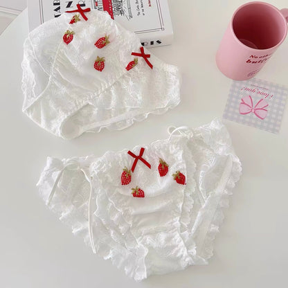 Strawberry Lace Panties – Embroidered Ruffle Briefs with Red Bow