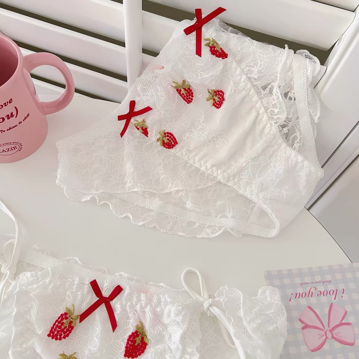 Strawberry Lace Panties – Embroidered Ruffle Briefs with Red Bow