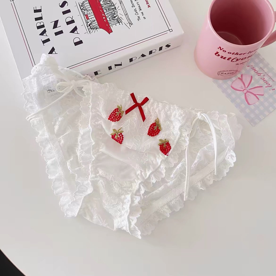 Strawberry Lace Panties – Embroidered Ruffle Briefs with Red Bow