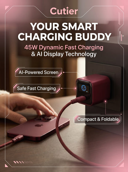 45W Smart AI Display Fast Charger – Cute Face Screen, Foldable Plug