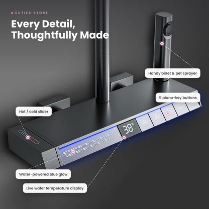 Smart LED Rain Shower System – Digital Temperature Display, Waterfall Spout & Water-Powered Glow