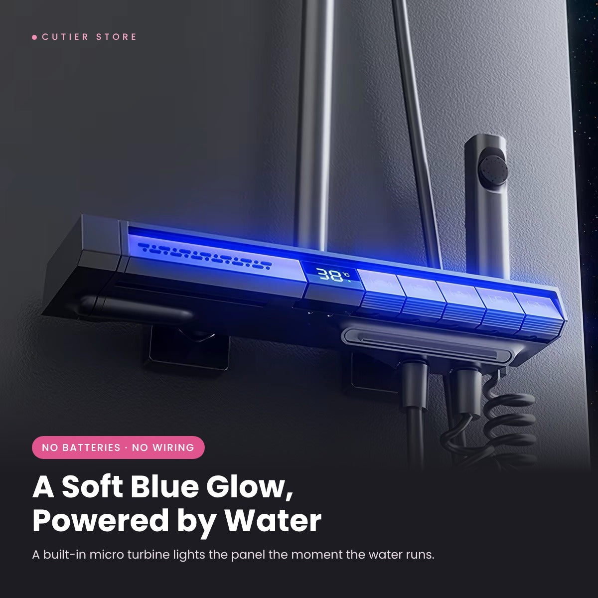 Smart LED Rain Shower System – Digital Temperature Display, Waterfall Spout & Water-Powered Glow