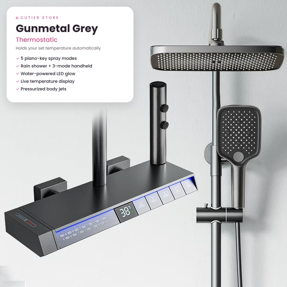 Smart LED Rain Shower System – Digital Temperature Display, Waterfall Spout & Water-Powered Glow