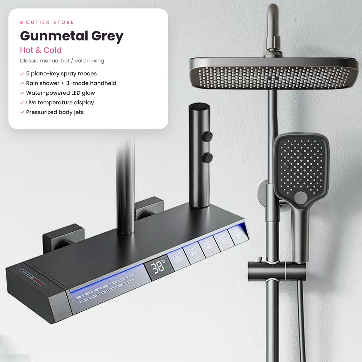 Smart LED Rain Shower System – Digital Temperature Display, Waterfall Spout & Water-Powered Glow