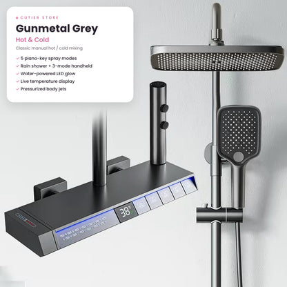 Smart LED Rain Shower System – Digital Temperature Display, Waterfall Spout & Water-Powered Glow