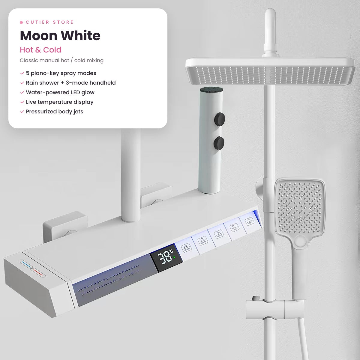 Smart LED Rain Shower System – Digital Temperature Display, Waterfall Spout & Water-Powered Glow