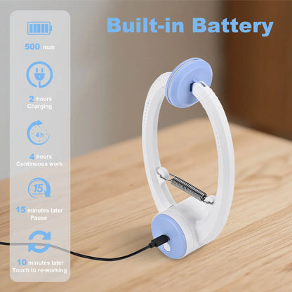White and blue device with built-in battery information on a wooden surface