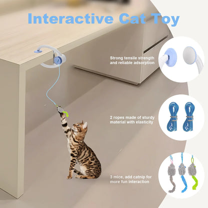 Cat playing with an interactive cat toy attached to a table.