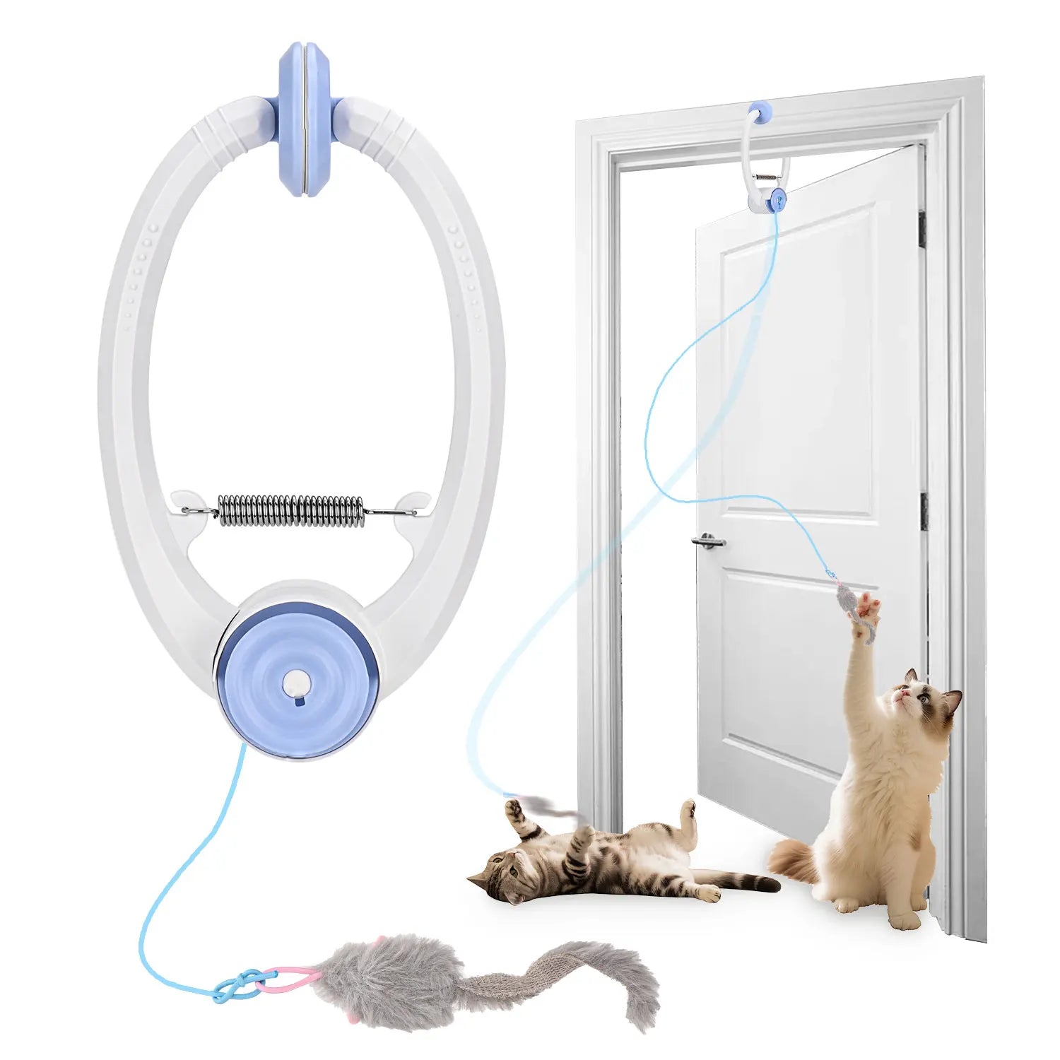 Cat toy with a rope and hanging device, with cats playing with it.