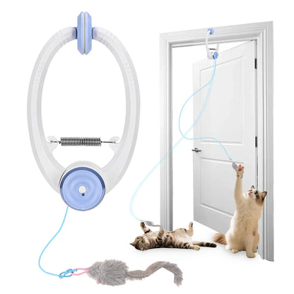 Cat toy with a rope and hanging device, with cats playing with it.