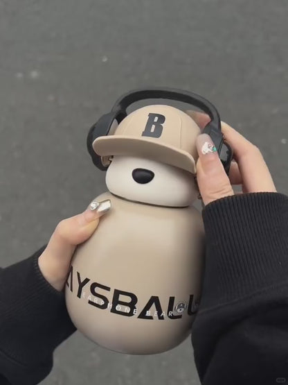 Cute Bear Water Bottle with Headphones – Kawaii Insulated Drink Bottle for School, Gym & Travel