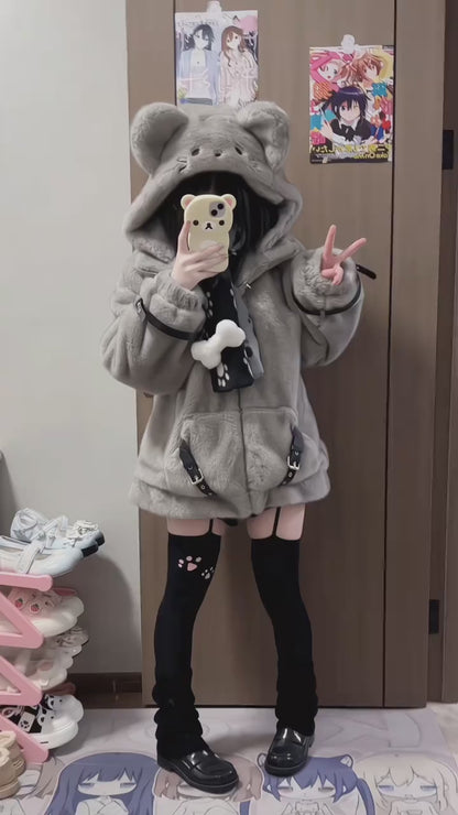 Sweet and cool fur wasteland style gray mouse Yabi hoodie jacket