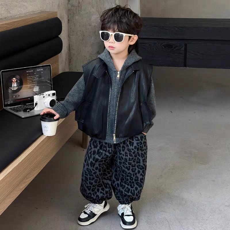 Boys 3-Piece Korean leopard Style Outfit Set 2026 | Leather Vest, Sweater & Pants