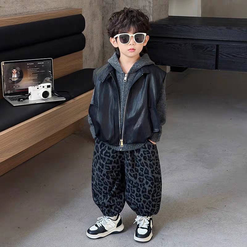 Boys 3-Piece Korean leopard Style Outfit Set 2026 | Leather Vest, Sweater & Pants